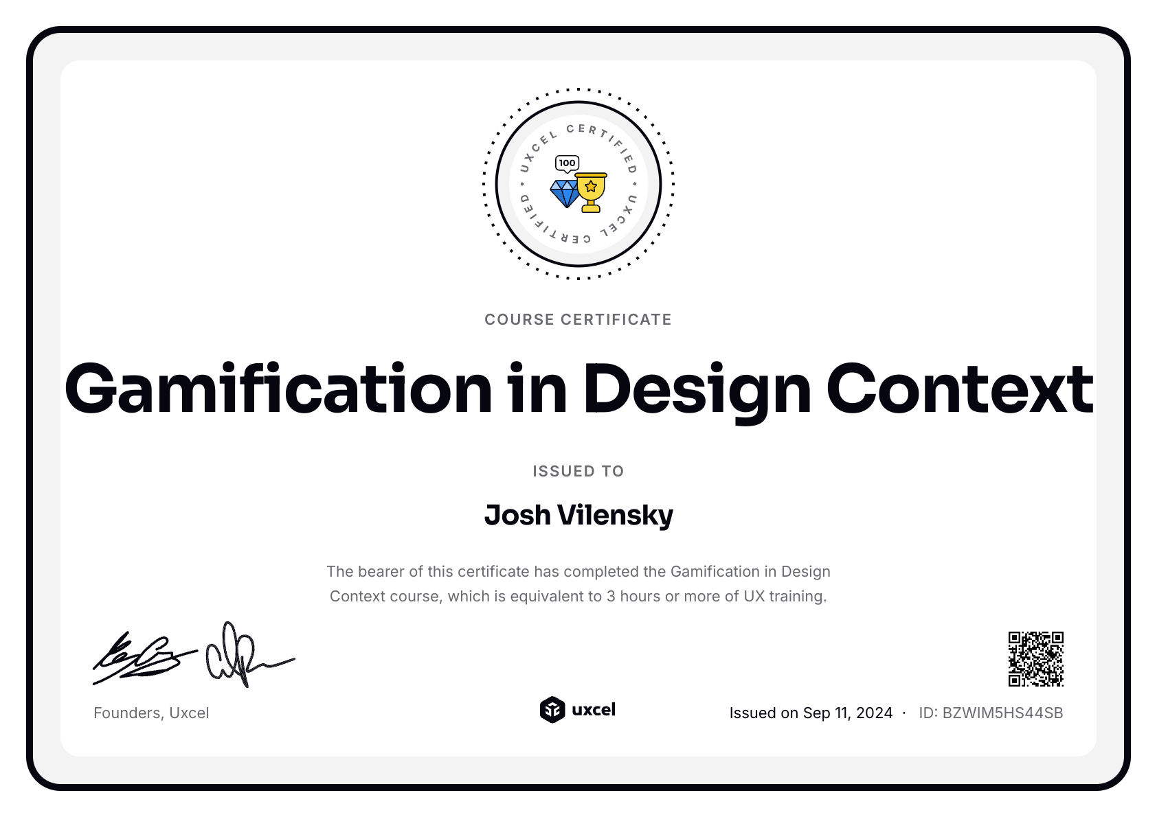 Josh Vilensky's certificate